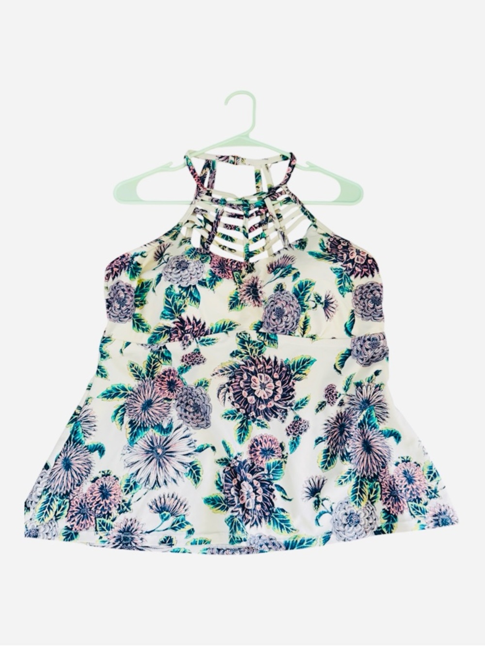 Raisins Cream Halter Top tankini with Green & Purple Floral Print